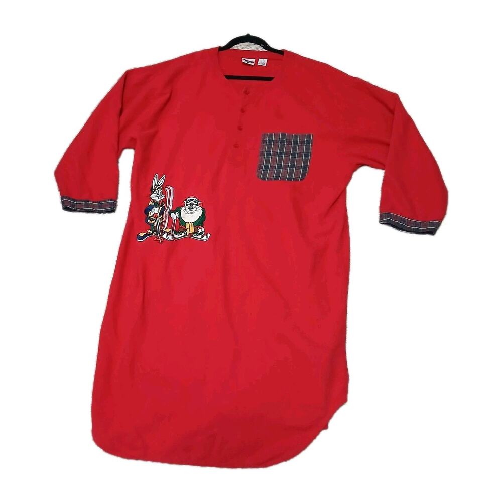 Vtg ACME Clothing Looney Tunes Nightshirt L/XL Bugs Bunny Taz Skiing Red Henley